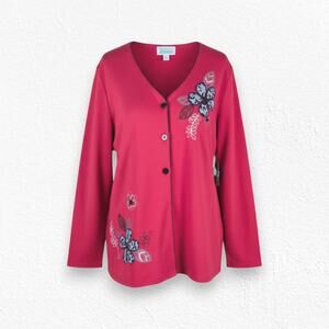 90s Vintage Red Floral Animal Print Embroidered Button Cardigan Jacket Size 2X